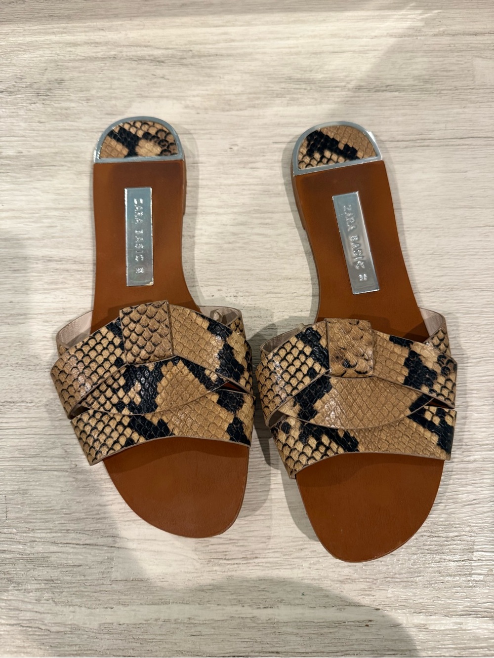 Zara Tan and Black Snake-Print Slide Sandals